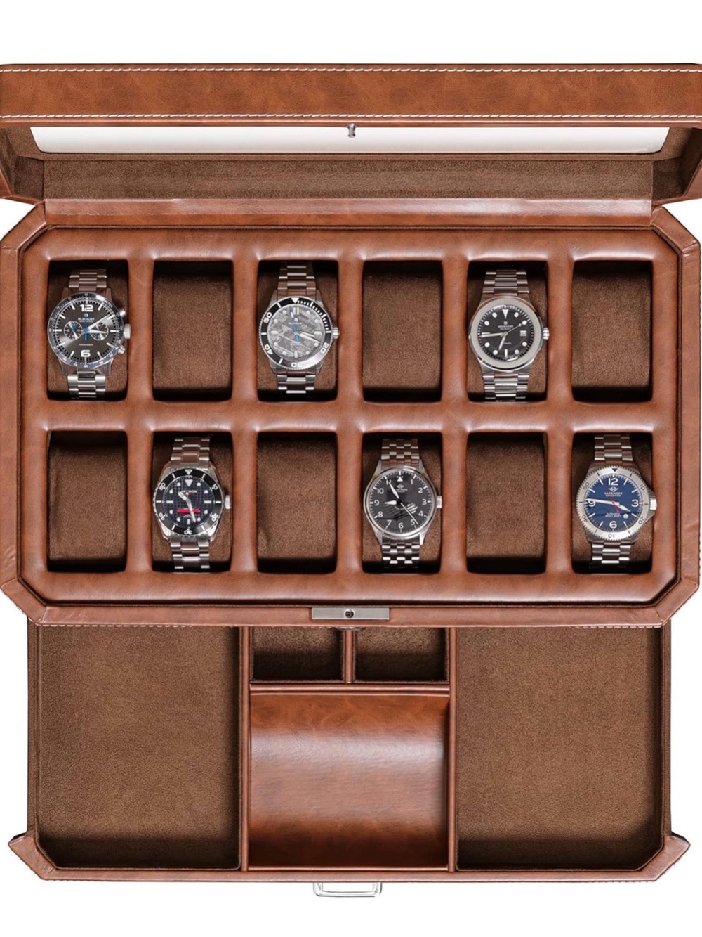 Leather 12-Slot Watch Box Organizer in Brown